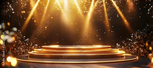 Spotlight illumination gives prominence to the gold podium.