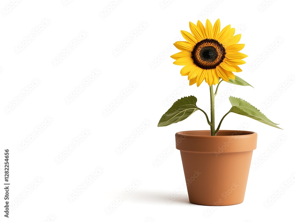 Obraz premium Upward Facing Sunflower in a Clay Pot Symbolizing Growth and Positivity Under Light Color Background