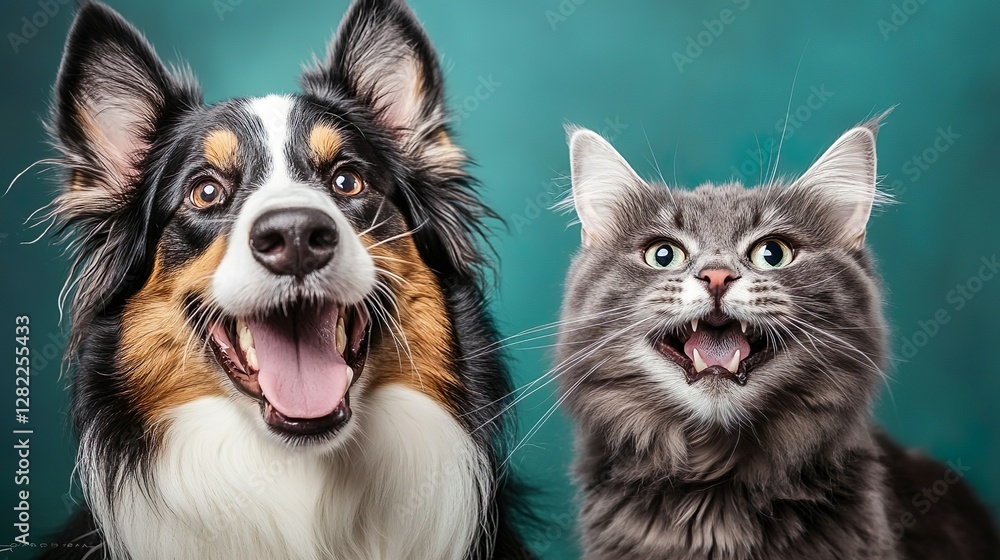 Happy Cat and Dog Sitting Together on Blue Studio Background Happy Cat and Dog Sitting Together on Blue Studio Background