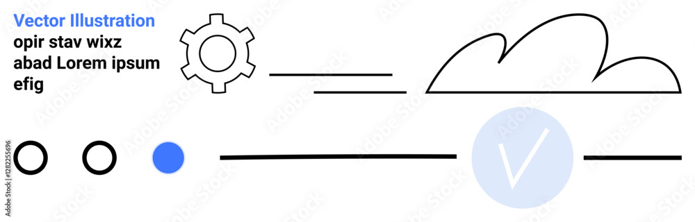 Cloud and gear, indicating technology and cloud computing. Includes linear cloud graphic, connectivity lines, verification mark, circles. Ideal for technology, cloud services, network software Cloud and gear, indicating technology and cloud computing. Includes linear cloud graphic, connectivity lines, verification mark, circles. Ideal for technology, cloud services, network software