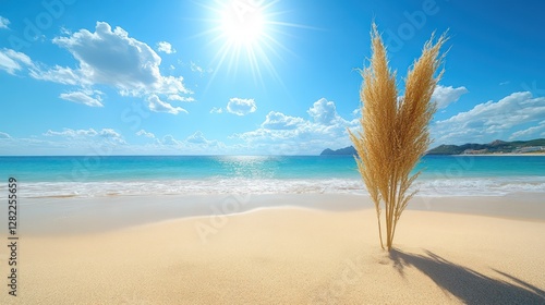 Wallpaper Mural Sunny beach scene with pampas grass, ocean background; summer vacation Torontodigital.ca