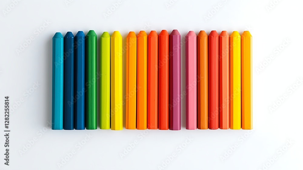 Vibrant Spectrum of Wax Sticks Arranged Neatly on a Clean White Surface Depicting Creativity and Joy Vibrant Spectrum of Wax Sticks Arranged Neatly on a Clean White Surface Depicting Creativity and Joy