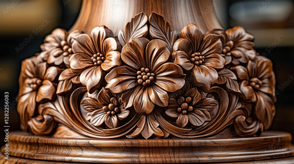 Intricate wood carving of flowers on furniture detail, craftsmanship Intricate wood carving of flowers on furniture detail, craftsmanship