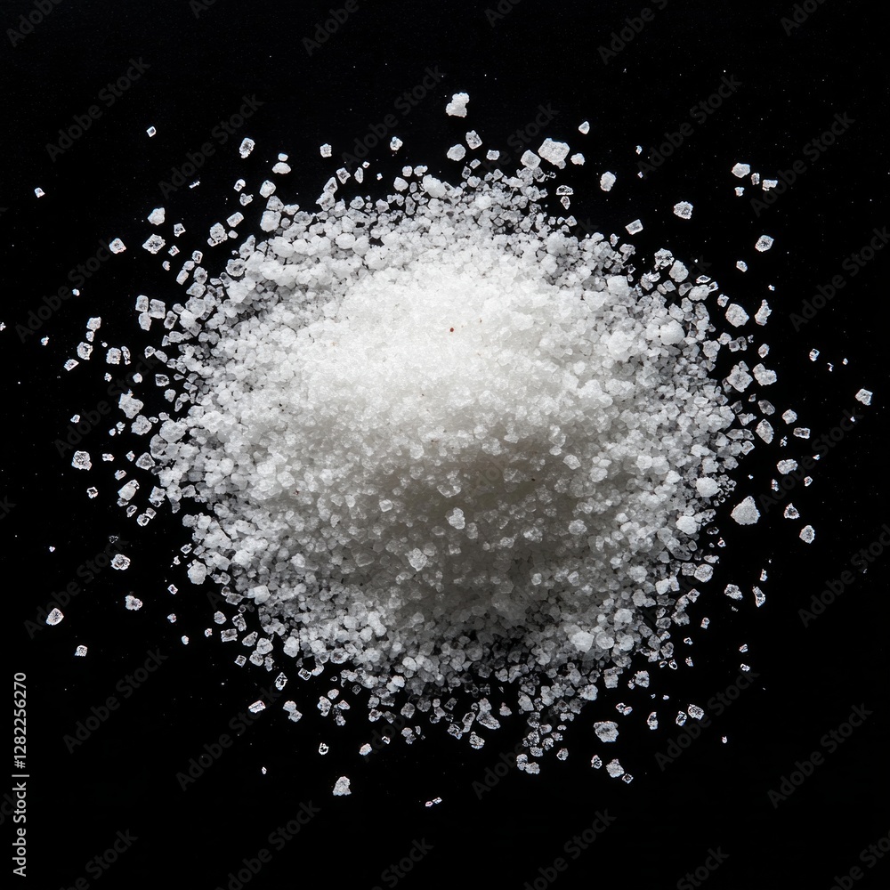 Coarse white sea salt on black background with crystal granules in close-up view Coarse white sea salt on black background with crystal granules in close-up view