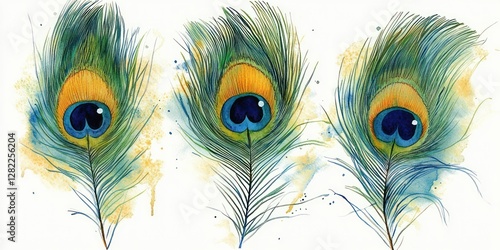 Watercolor painting of exotic peacock feathers with vibrant patterns and colors