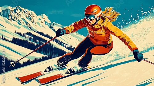 Dynamic motion depicted in a vibrant retro style.