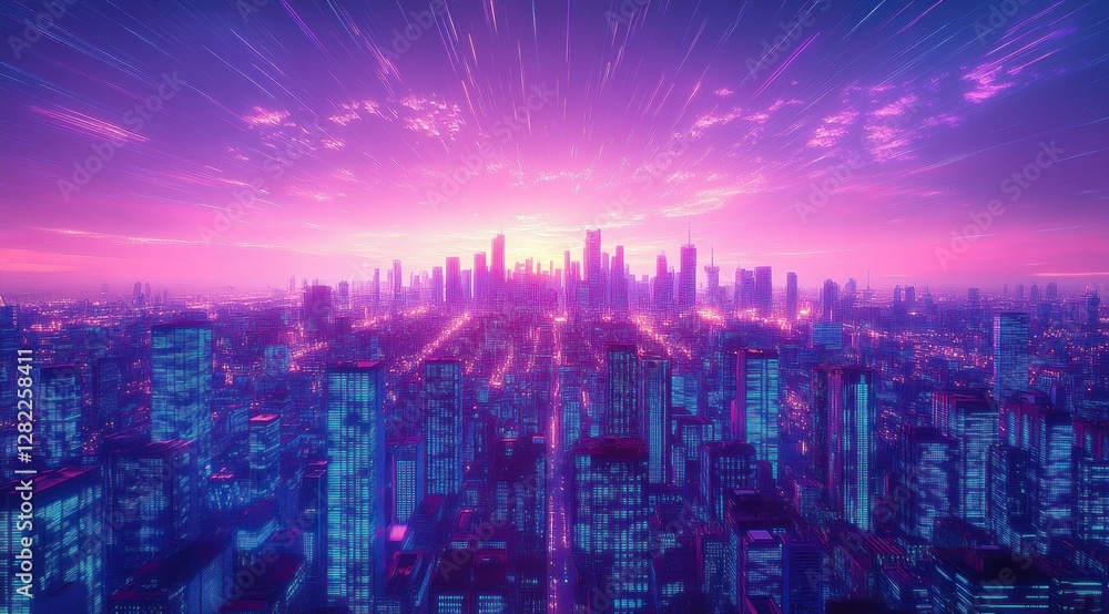 Fototapeta premium Futuristic Cyberpunk Cityscape at Dusk with Neon Lights and Skyscrapers