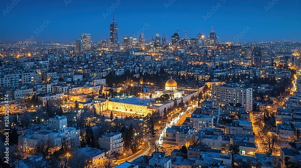 Obraz premium Jerusalem skyline at dusk, Dome of the Rock illuminated, cityscape background, tourism/travel