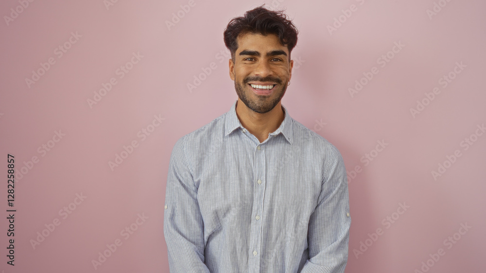 Young hispanic man smiling confidently in front of an isolated pink background, wearing a casual shirt, showcasing adult male fashion and charm. Young hispanic man smiling confidently in front of an isolated pink background, wearing a casual shirt, showcasing adult male fashion and charm.