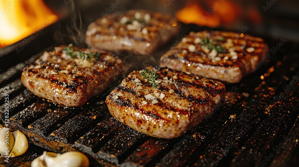 Juicy burgers grilling over open fire with garlic Juicy burgers grilling over open fire with garlic