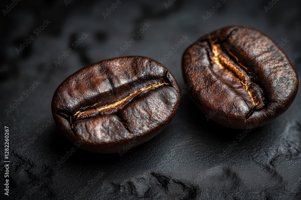 Close Up View of Dark Roasted Coffee Beans on Matte Black Surface with Natural Light Close Up View of Dark Roasted Coffee Beans on Matte Black Surface with Natural Light