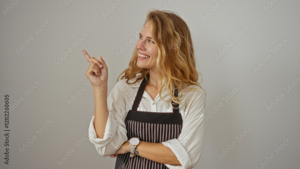 Young woman pointing to the side while smiling, wearing an apron over a white shirt, isolated on a white background. Young woman pointing to the side while smiling, wearing an apron over a white shirt, isolated on a white background.