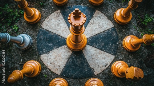 King chess piece at the center of a chessboard, surrounded by other pieces, outdoors