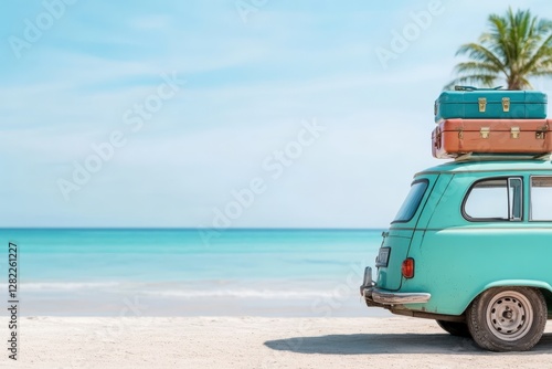 Classic vintage car parked on sandy beach with luggage for summer vacation