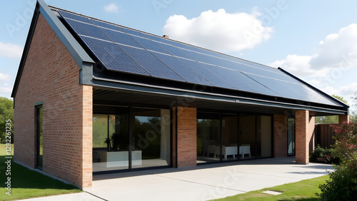 Wallpaper Mural An industrial-style house with solar panels on a flat roof. Exposed brick, metal frames, and large windows highlight the bold, modern design and sustainable technology. Torontodigital.ca