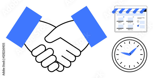 Two hands shaking firmly symbolize partnership, accompanied by a calendar with events and a clock with blue hands. Ideal for business planning, partnership, time management, scheduling, deadline