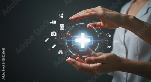 A woman's hand holds a plus symbol, which indicates health care and medical services. This image embodies the concepts of health insurance, social care, and accessible health care, with space to copy