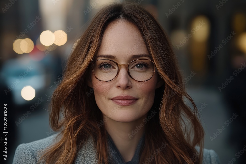 Obraz premium Confident businesswoman smiling with eyeglasses in urban setting