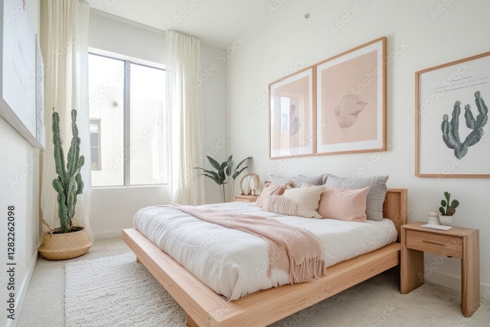 Fototapeta premium Bright bedroom with minimalist decor, large window, and wooden bed.