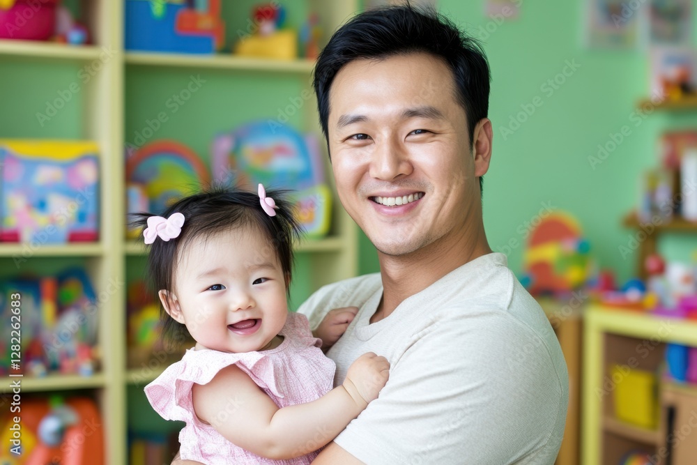Happy father holding smiling baby girl in colorful playroom with toys Happy father holding smiling baby girl in colorful playroom with toys