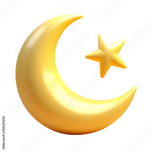 Golden crescent moon and star 3D icon, symbolizing Islam and night sky, isolated on a transparent background