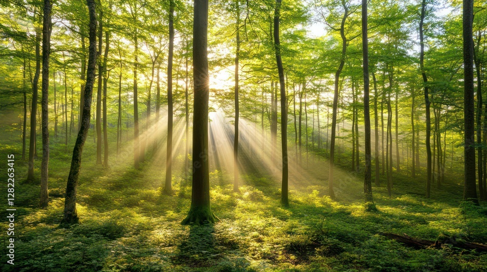 Obraz premium Sunbeams in lush green forest at dawn, peaceful nature scene, ideal for nature documentaries