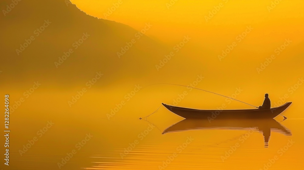 Fototapeta premium view of a man fishing on a boat decorated with trees