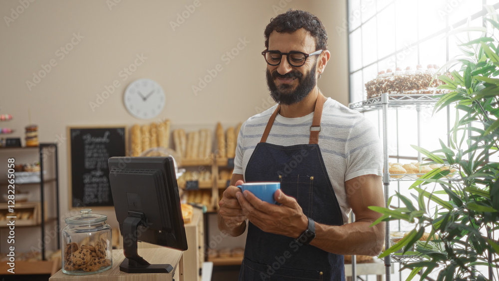 Handsome young hispanic man with a beard standing indoors in a bakery holding a cup next to a counter with cookies and a computer screen Handsome young hispanic man with a beard standing indoors in a bakery holding a cup next to a counter with cookies and a computer screen