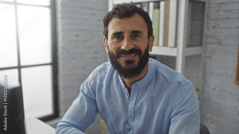 Handsome man with beard smiling confidently in an office, wearing a light blue shirt and seated by a desk, with shelves and windows in the background. Handsome man with beard smiling confidently in an office, wearing a light blue shirt and seated by a desk, with shelves and windows in the background.