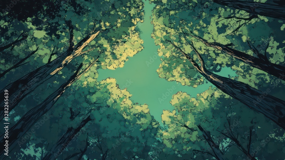 Fototapeta premium Upward view of forest canopy, sunlight through trees, nature background, ideal for nature documentaries