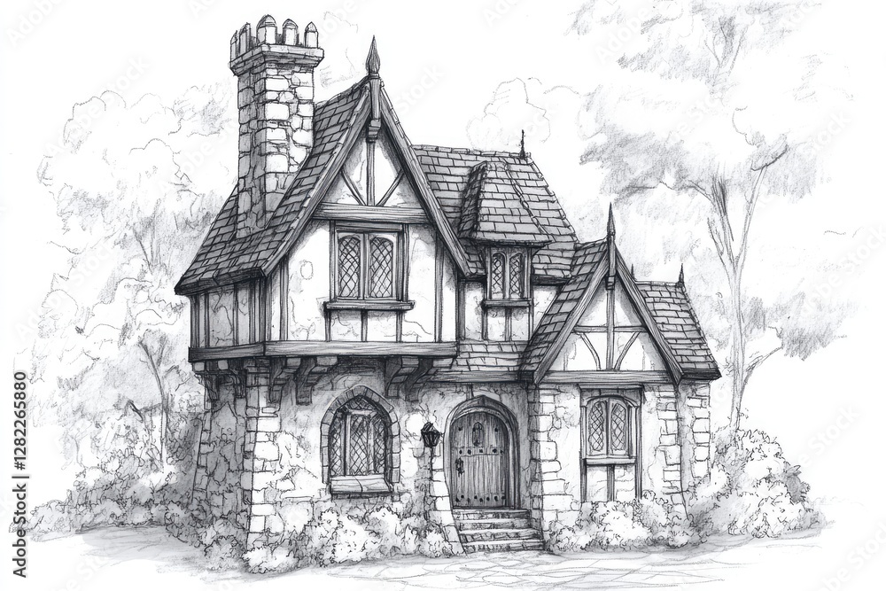 Sketch of a compact castle - style tiny home with medieval charm Sketch of a compact castle - style tiny home with medieval charm