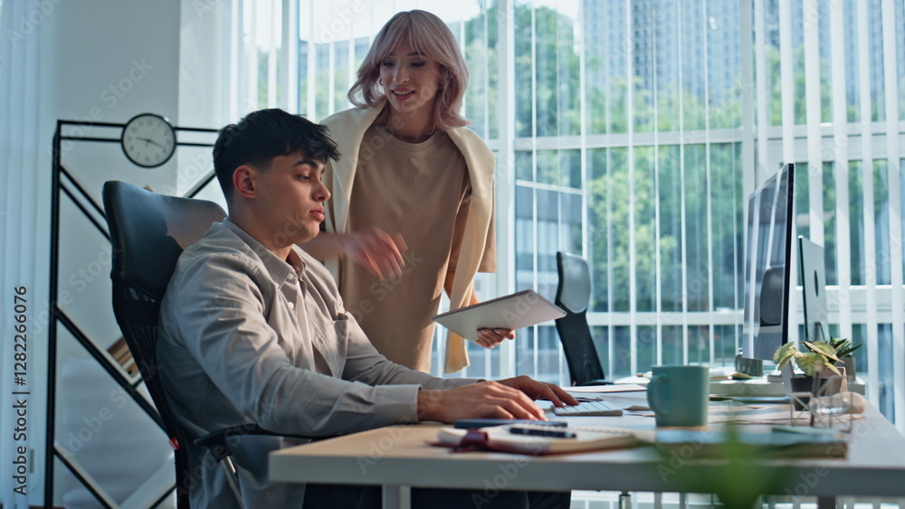 Businesswoman talking tired colleague at cabinet closeup. Man woman working Businesswoman talking tired colleague at cabinet closeup. Man woman working