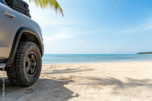 Fototapeta Naklejka Na Ścianę i Meble -  Off-road vehicle enjoying tropical beach getaway with roof rack and palm tree shade