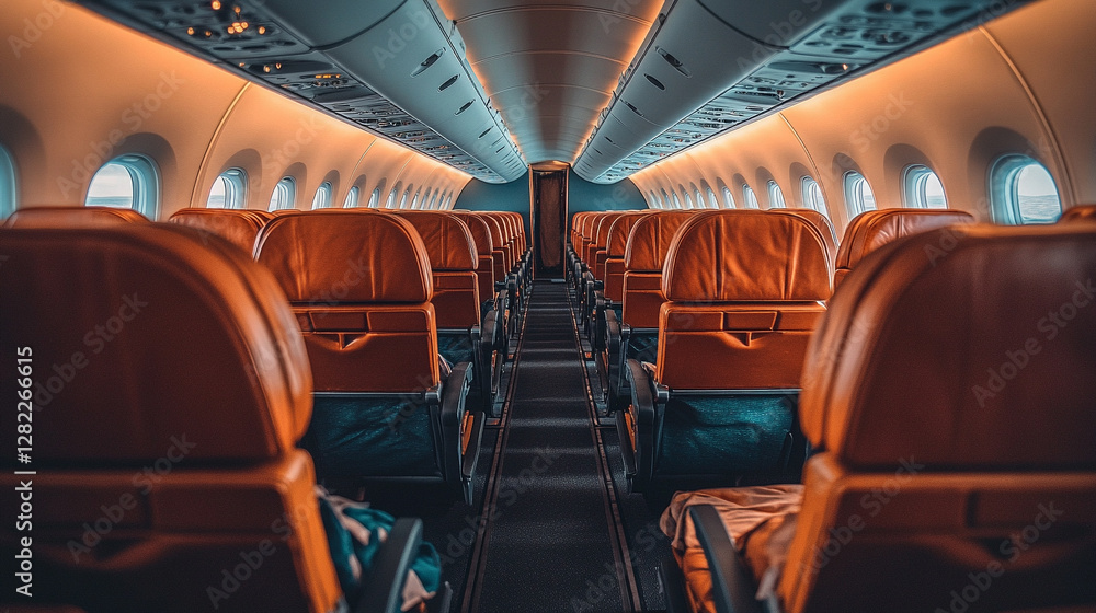 Inside a modern airplane cabin with rows of empty seats, conveying a sense of travel, space, and quiet anticipation Inside a modern airplane cabin with rows of empty seats, conveying a sense of travel, space, and quiet anticipation