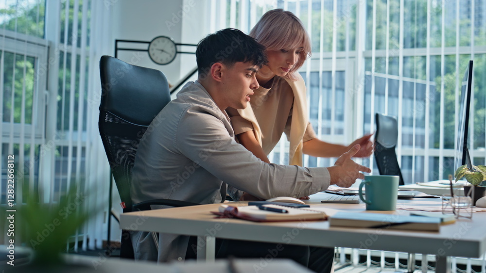 Office team looking tablet discussing in buro agency closeup. Colleagues working Office team looking tablet discussing in buro agency closeup. Colleagues working