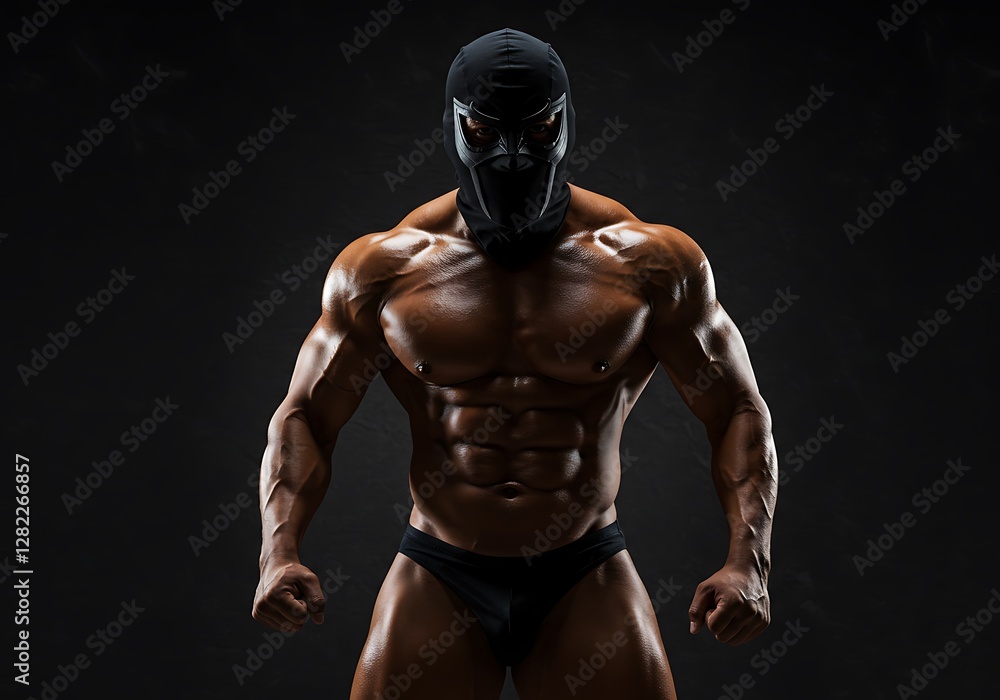 Muscular Man Wearing a Mask Stands Intensely on a Dark Background Muscular Man Wearing a Mask Stands Intensely on a Dark Background