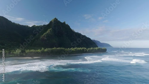 Aerial video of Maniniholo Bay and Ke'e beach towards the Na Pali coastline of Kauai