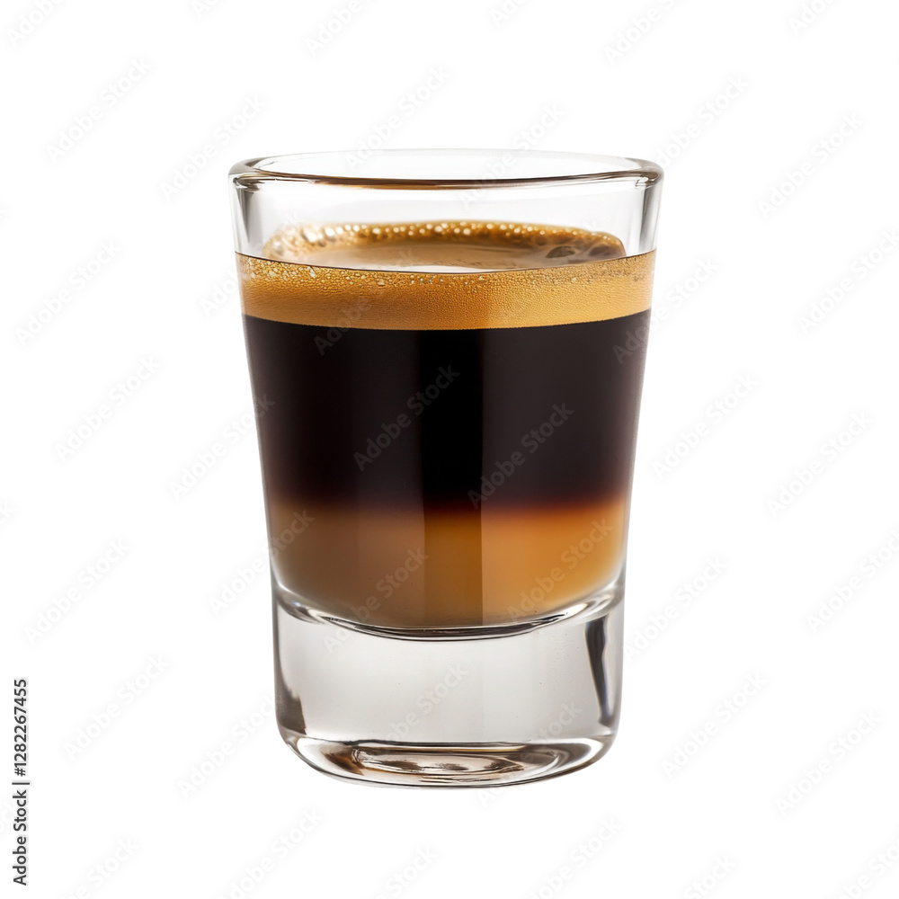 Rich espresso shot in clear glass, showcasing layers of crema and dark coffee. Perfect for coffee lovers and baristas Rich espresso shot in clear glass, showcasing layers of crema and dark coffee. Perfect for coffee lovers and baristas