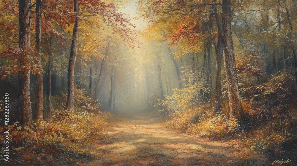 Obraz premium Autumn path forest sunlight misty background nature landscape