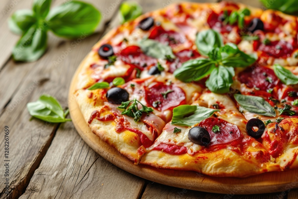 Pizza. Pizza Capricciosa, Traditional Italian Pizza with Tomato Sauce, Mozzarella Cheese, Ham, Mushrooms, Artichokes, and Olives, Tasty Pizza Isolated on a Background with Copy Space. Pizza. Pizza Capricciosa, Traditional Italian Pizza with Tomato Sauce, Mozzarella Cheese, Ham, Mushrooms, Artichokes, and Olives, Tasty Pizza Isolated on a Background with Copy Space.