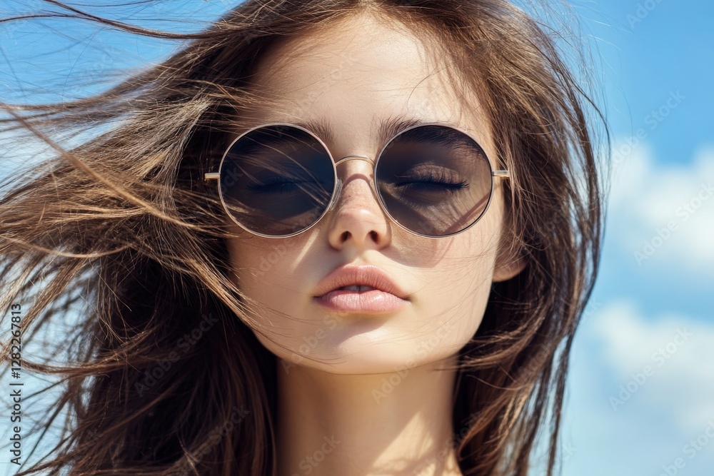 Stylish model wearing sunglasses with closed eyes and wind-blown hair Stylish model wearing sunglasses with closed eyes and wind-blown hair