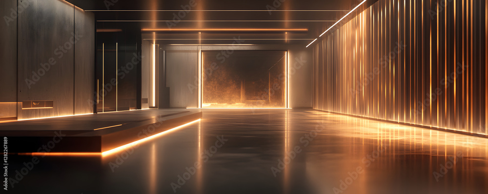 Fototapeta premium Modern empty room with orange lights shining on wall