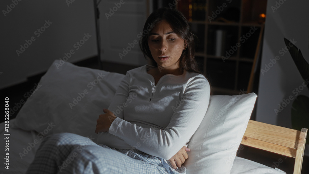Young, brunette, woman sitting on a bed in a bedroom at night, wearing pajamas, looking concerned, indoor setting, with dim lighting, reflecting a pensive mood. Young, brunette, woman sitting on a bed in a bedroom at night, wearing pajamas, looking concerned, indoor setting, with dim lighting, reflecting a pensive mood.