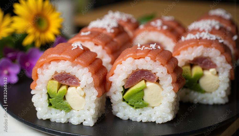 Sushi rolls with fresh ingredients on a black plate Sushi rolls with fresh ingredients on a black plate