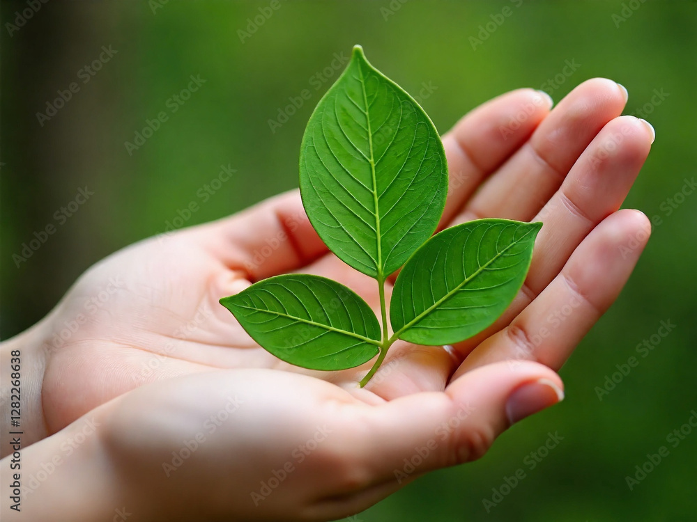 Hands holding green leaves against blurred green background Hands holding green leaves against blurred green background