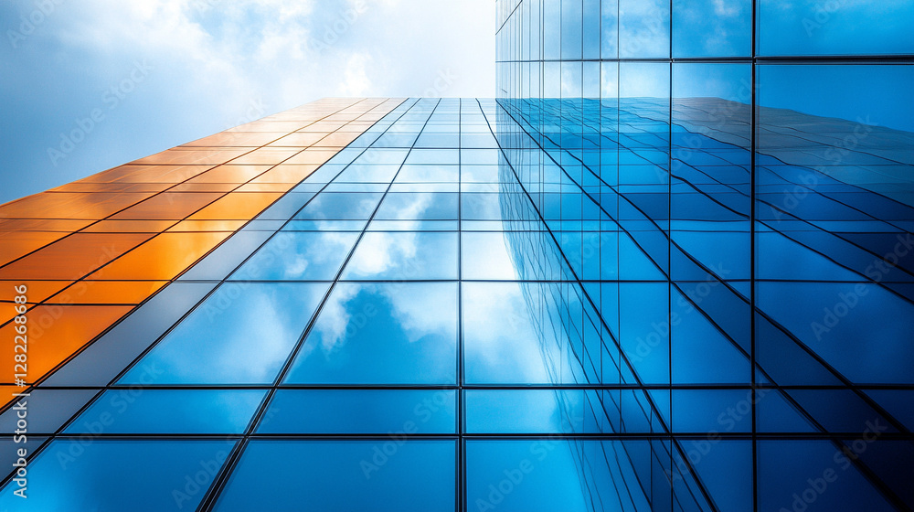 custom made wallpaper toronto digitalA dynamic view of modern skyscrapers in a smart city, showcasing futuristic architecture, with building reflections against a blue sky, symbolizing innovation, progress, and corporate success.