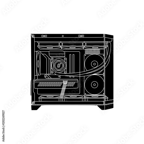 Gaming PC black fill vector illustration blueprint. High End Assembled Desktop Computer with dual chamber triple tempered glass aquarium case. Suitable for decorative element or guide manual book.