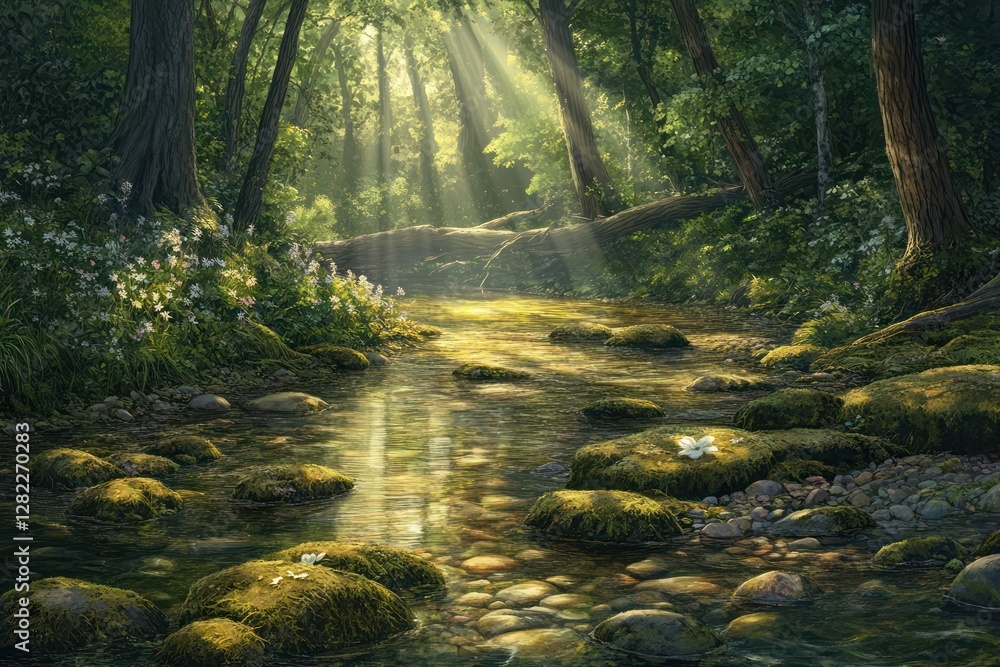 Sunlit forest stream, tranquil scene, mossy rocks, background greenery, nature imagery Sunlit forest stream, tranquil scene, mossy rocks, background greenery, nature imagery