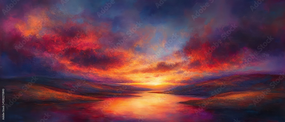 Fototapeta premium Fiery sunset over calm lake, hills in background, nature scene, peaceful mood