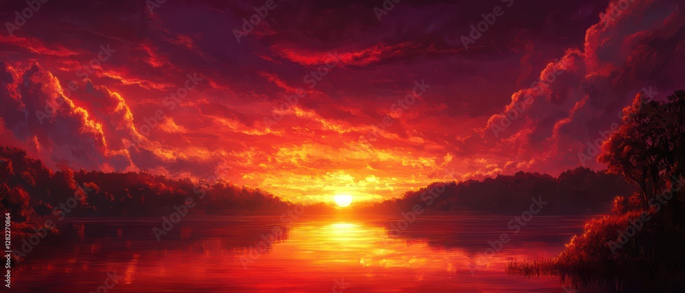 Fototapeta premium Fiery sunset over calm lake, trees silhouetted, nature background, ideal for screensavers